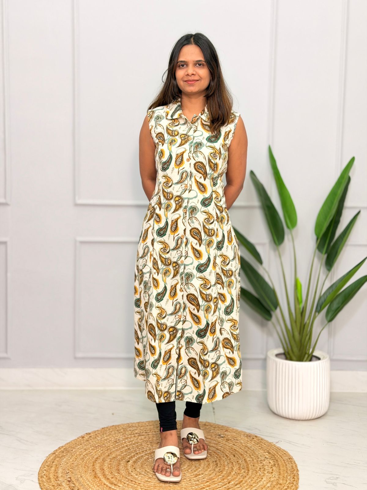 a line one piece dress Libas Off White Printed Cotton Blend A-Line Dress main image 0